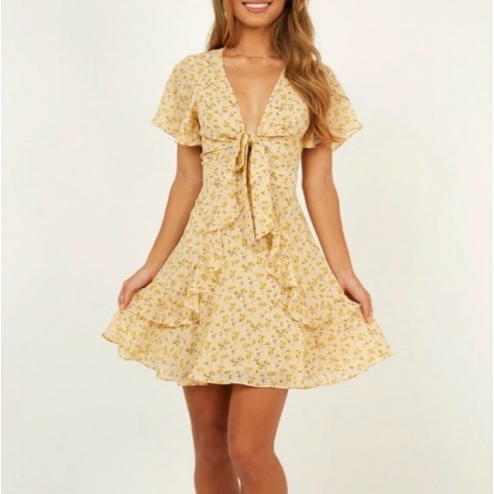 showpo yellow floral mini dress